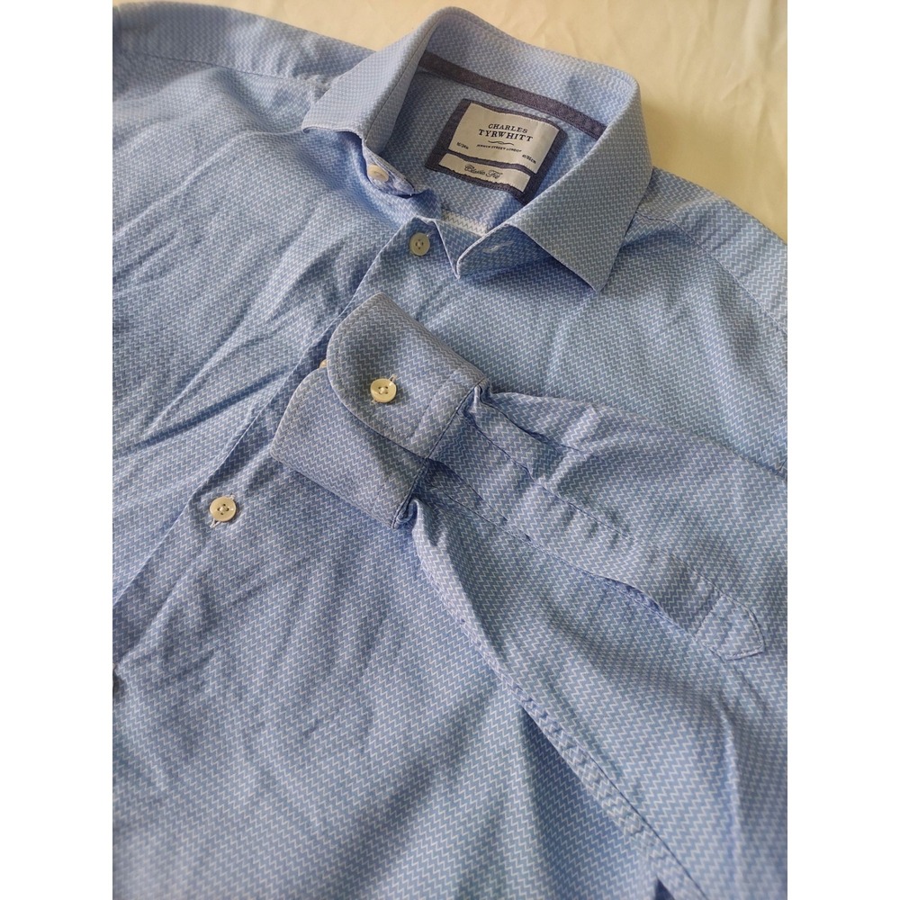 Charles Tyrwhitt Mens Classic Fit Blue Zigzag Cotton Dress Shirt 16/34 41/86cm
